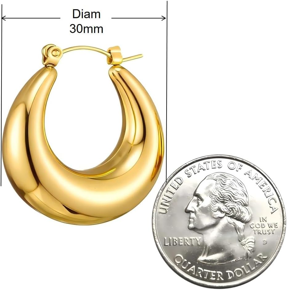 18K Gold Plated Chunky Hoop Earrings, S925 Silver Posts Hypoallergenic Lightweight Classic Hoops for Women