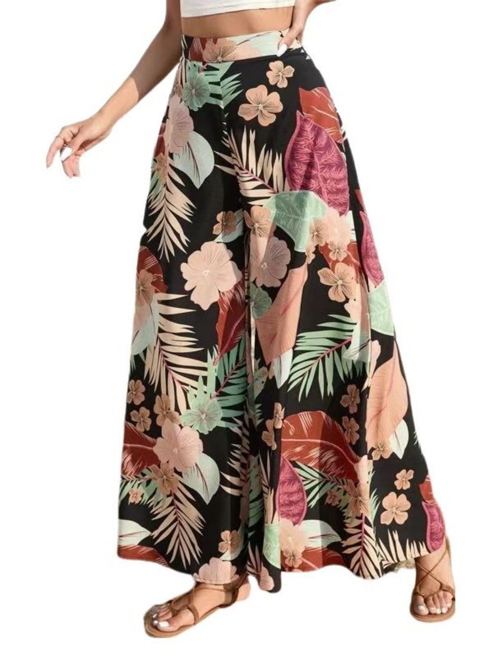 Melliflo Womens Wide Leg Pants Trendy High Waisted Pants Business Casual Pants Floral Print Trousers