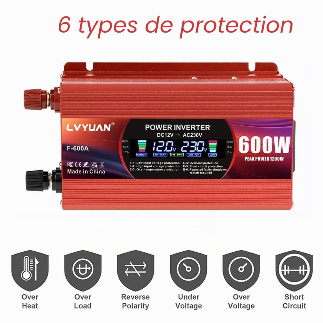 LVYUAN 600W/ 1200W Convertisseur de Tension CC 12 V à CA 220V Inverter