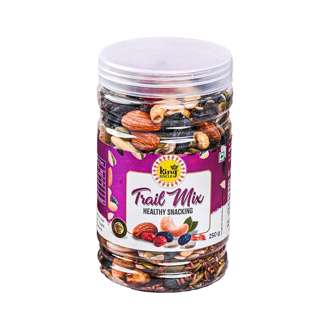 KING UNCLE Trail Mix 250g | High Protein Dry Fruits & Nuts Mix | Healthy Snack with Almonds, Cashews, Pistachios, Seeds & Berries | Energy Booster, Fiber Rich, Antioxidant Superfood for Gym, Office & Travel-image-37