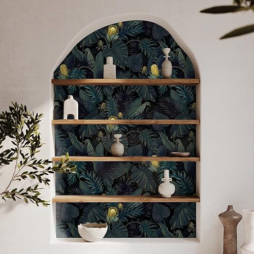 Miniatura 7 de Tropics Plants - Papel tapiz autoadhesivo removible, 17.71 x 118.1 pulgadas, papel adhesivo extraíble, color negro, verde oscuro, amarillo,