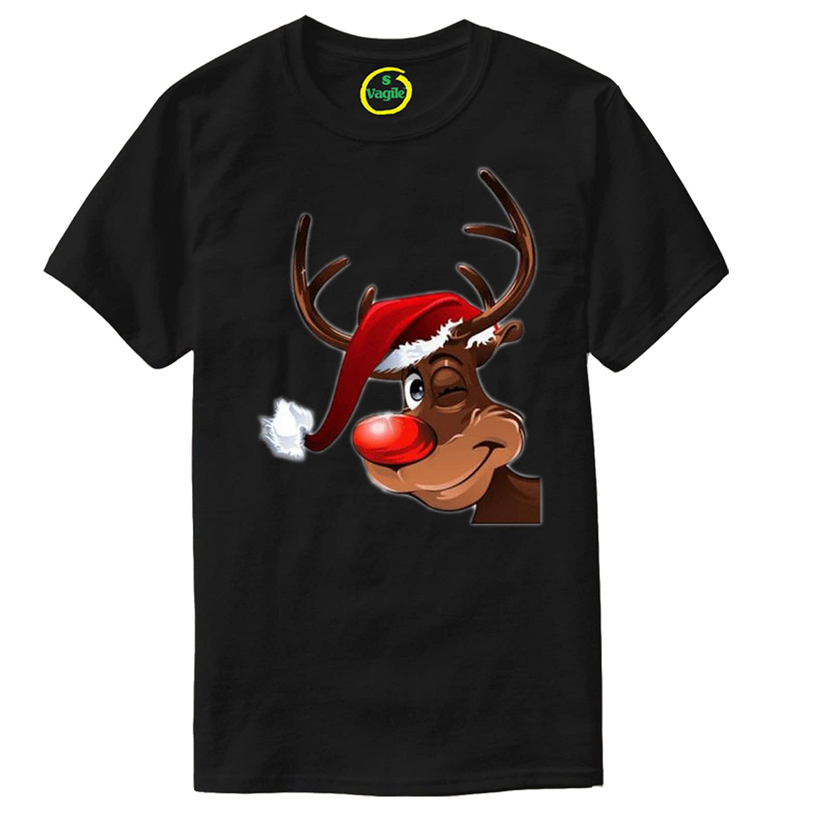 Vagile Boys Black Kids Girls Santa Smiling Rudolph Reindeer Xmas Christmas Tee T-Shirt Top Tshirt