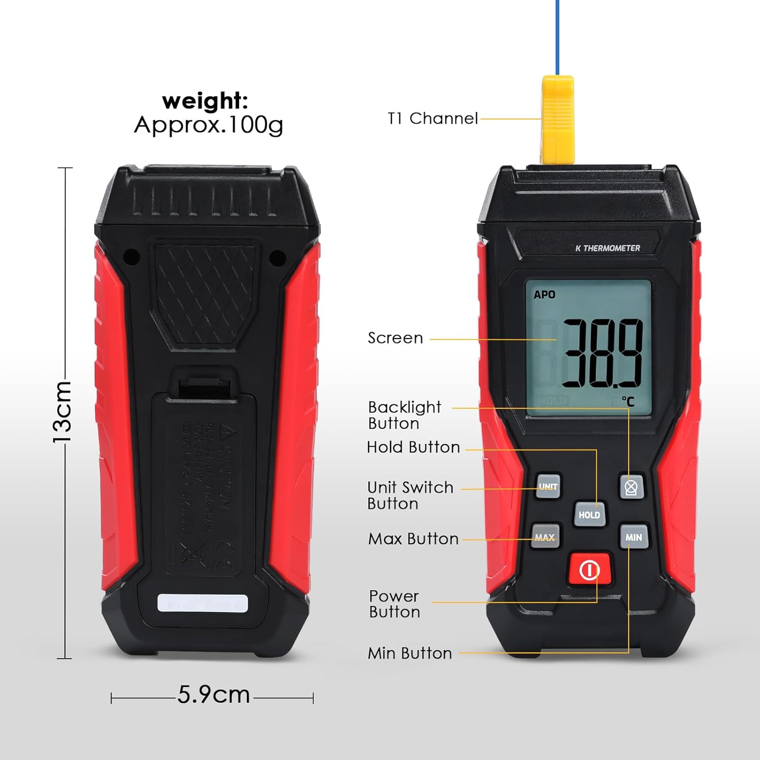 Digital K Type Thermometer, Thermocouple Thermometer Single Channel Thermocouple Tester(-328~2501℉) with 1 Temperature Clamp and 1 Thermocouple Probes LCD Display for K Type