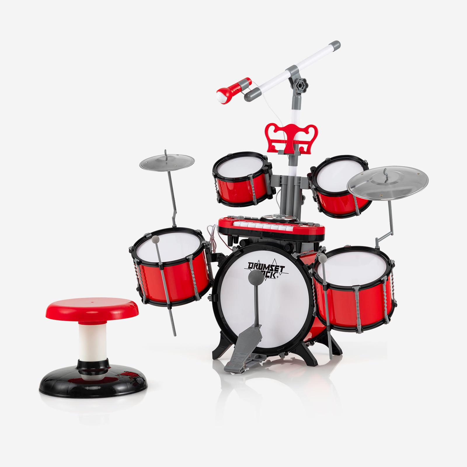 KOMFOTTEU Batterie de Jazz pour Enfant de 3 Ans+, avec Microphone, Ensemble de Batterie avec Tabouret, 5 Tambours, 2 Baguettes, 8 Touches, Connecteur MP3, Instrument Musique pour Enfant