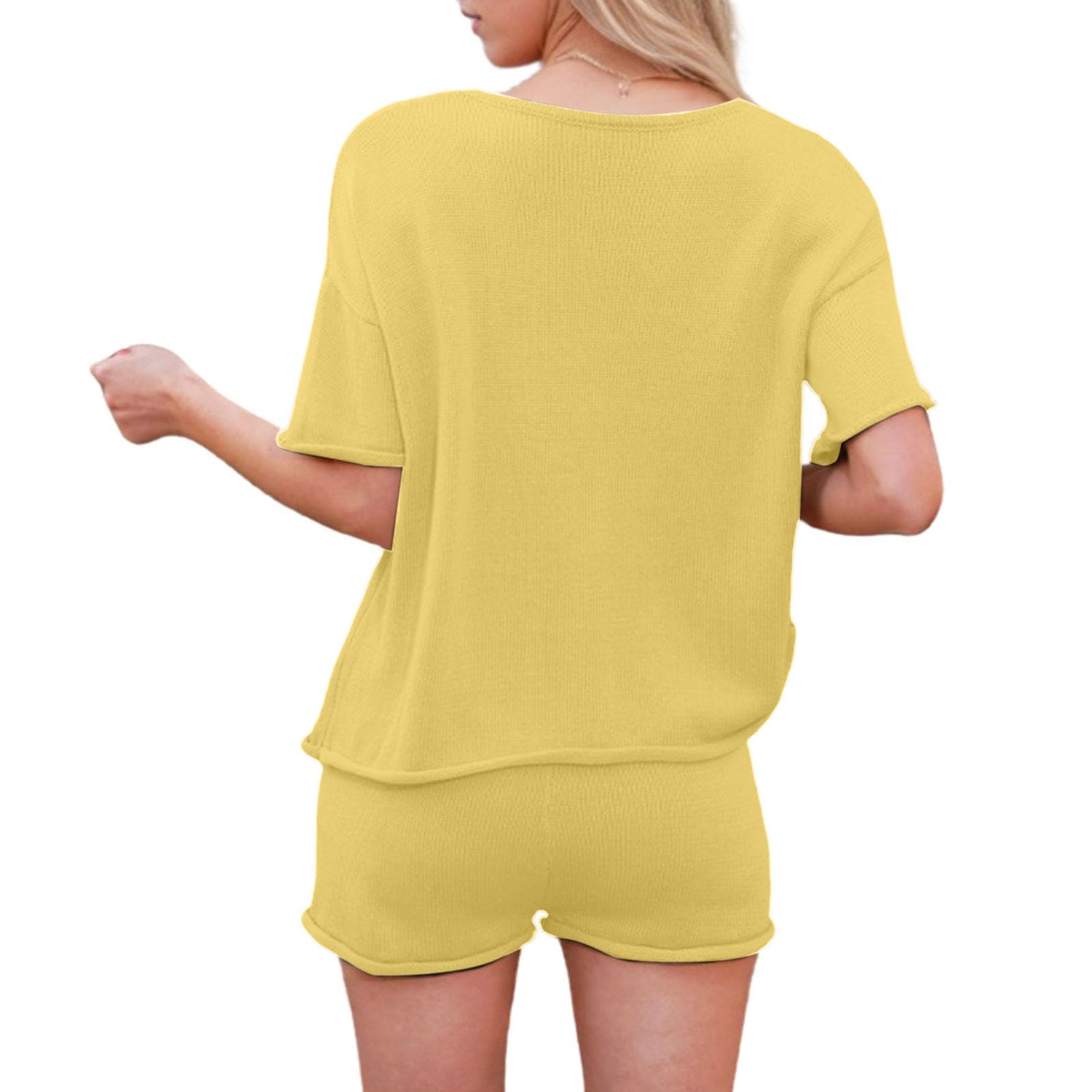 Pyjama Court Femme, Léger Pyjama Short avec Poches Pyjashort Shorts et Haut Manches Courtes Coton Ensemble Court Court Vêtements De Nuit Sportswear 2 Pieces Ete