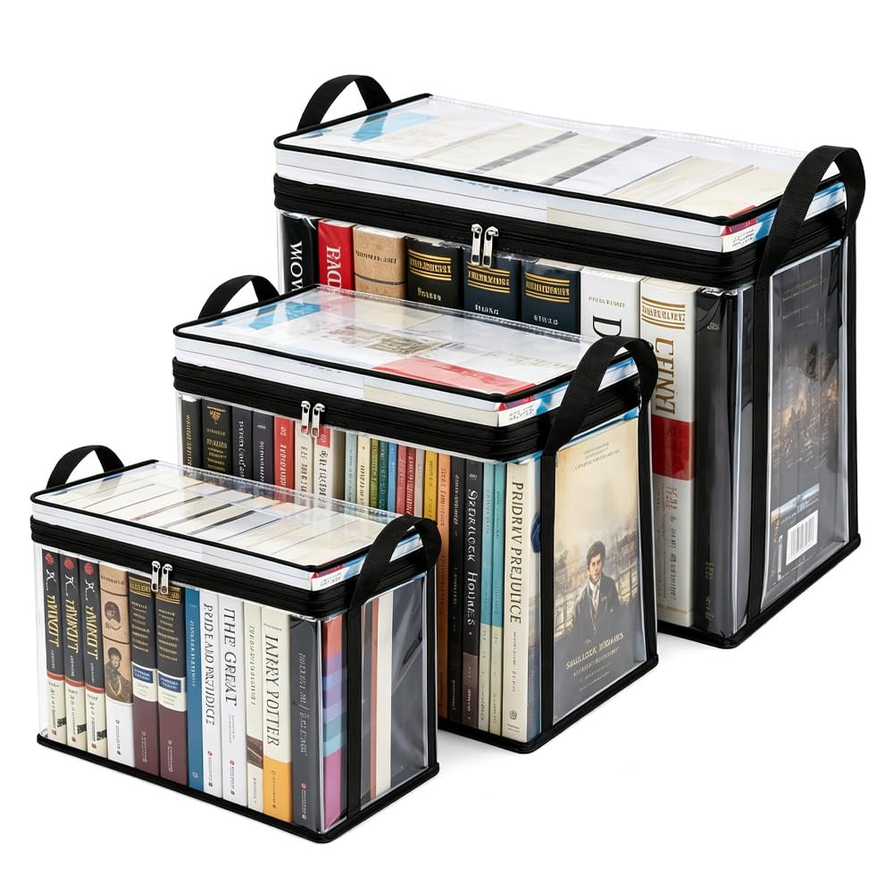 JYQOQH 3 Pack Book Storage Box, Foldable Large Capacity Clear Book Storage Bag with Lids, Waterproof PVC Clear Book Storage Bags with Handle, for Documents and Comic Organizer Office Move 3 Size