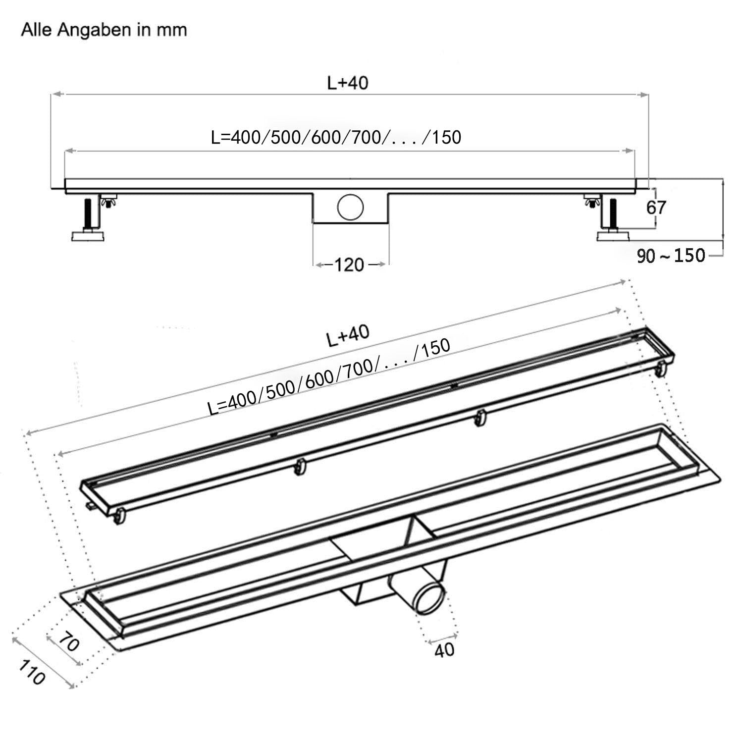 AICA Caniveau de Douche Italienne en Acier Inoxydable E Modèle 90 cm, caniveau Douche Rectangulaire Argenté à Grand Débit, Drain de Sol de Siphon de Douche