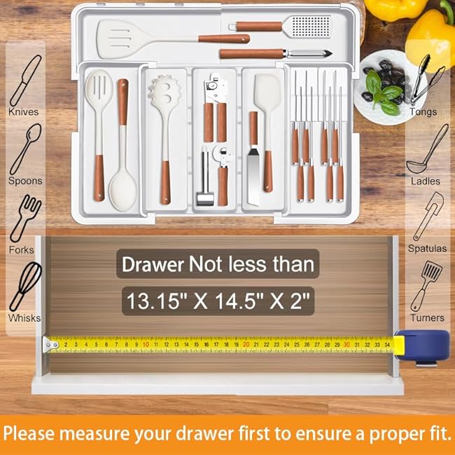 Homecor Kitchen Utensil Drawer Organizer, Large 22x 19 Expandable Silverware Organizer with Removable Knife Block, Utensil Holder and Cutlery Tray, Kitchen Spatula Tools and Gadgets Storage, White