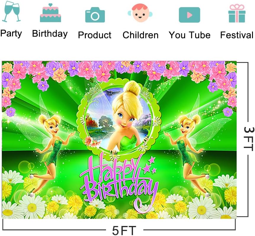 Miniatura 2 de Telón de fondo de campanilla para decoración de fiesta de cumpleaños, pancarta de cumpleaños de flores de hadas, suministros de decoración para