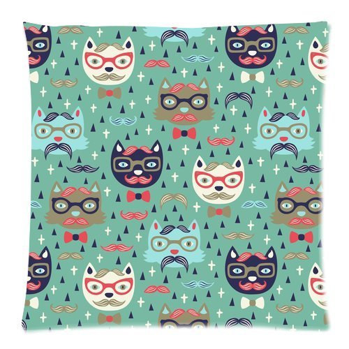 Custom Fashion Funny Cat With Glasses and Mustache Zippered Square Throw Pillow Cover Cushion Case 18x18 (Twin sides)