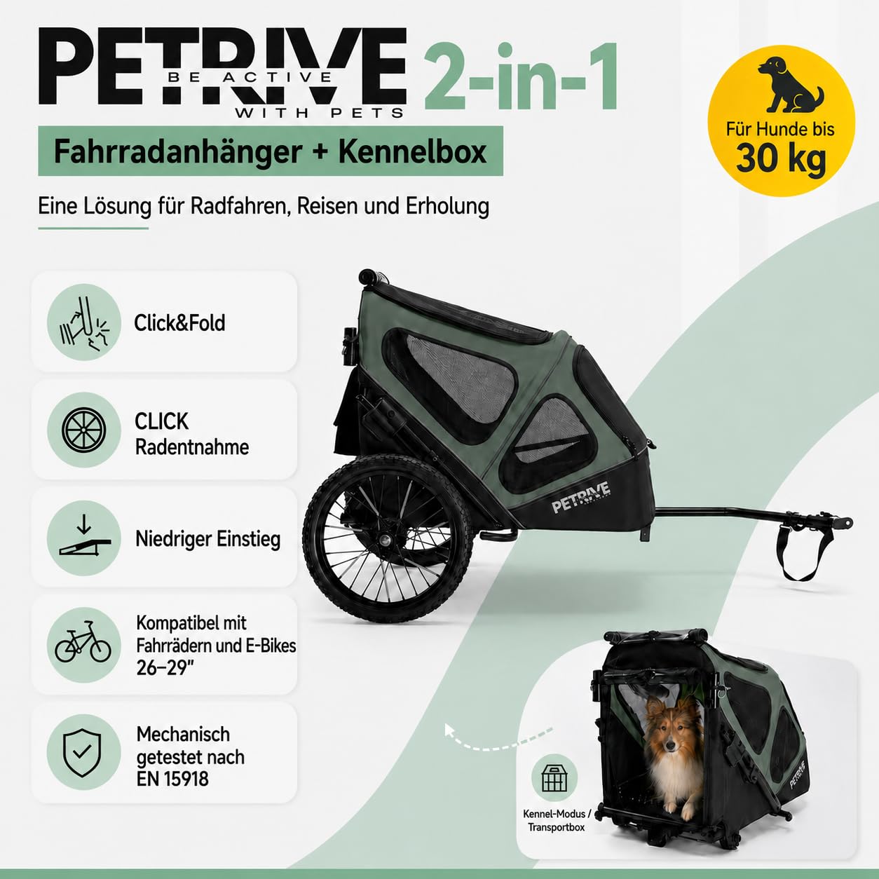 Przyczepa rowerowa 4 w 1 dla psów, wózek dla psów, duży transporter do 30 kg, PETRIVE