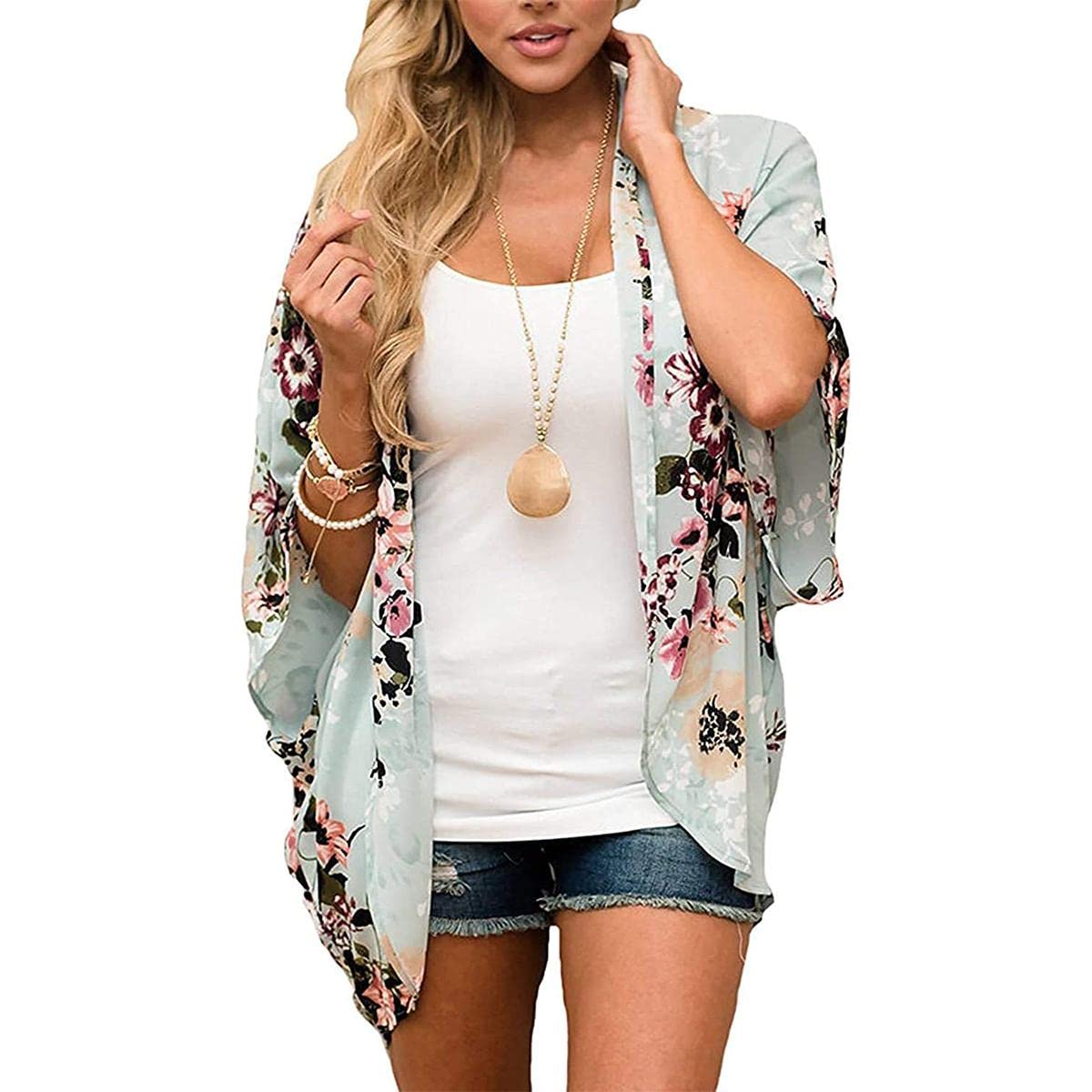 TBSCWYF Mujer Cárdigan Kimono Florales Manga 3/4 Gasa Boho Blusa Playa Encubrir Chaqueta Vacaciones Playa Chal