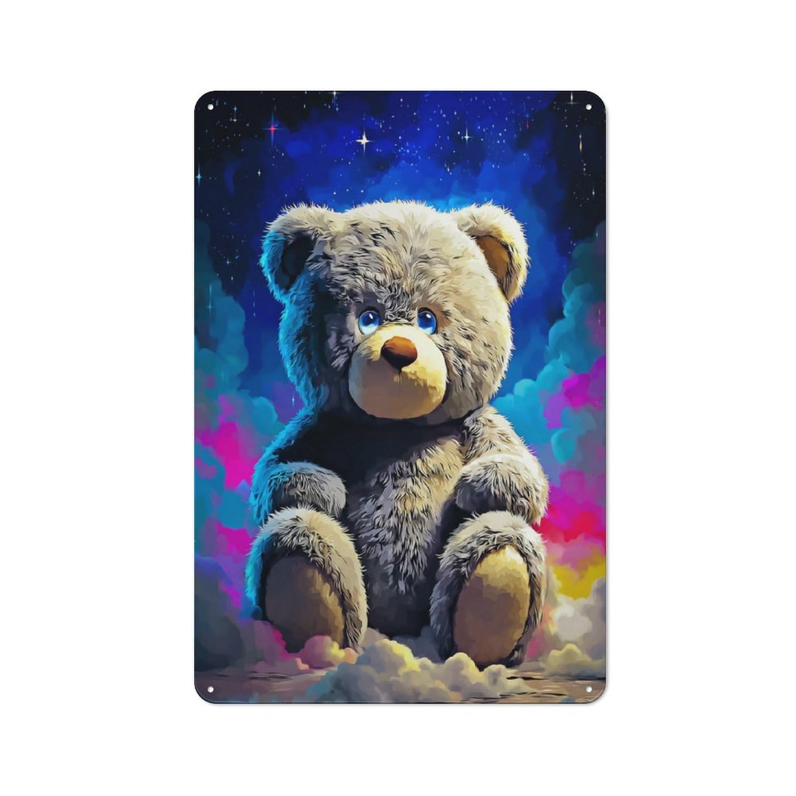 Decorative Tin Sign with Cosmic Teddy Bear Design 30x20cm, Nostalgic Old Style Wall Plaque for Living Room, Hallway, Kitchen Or Cafe