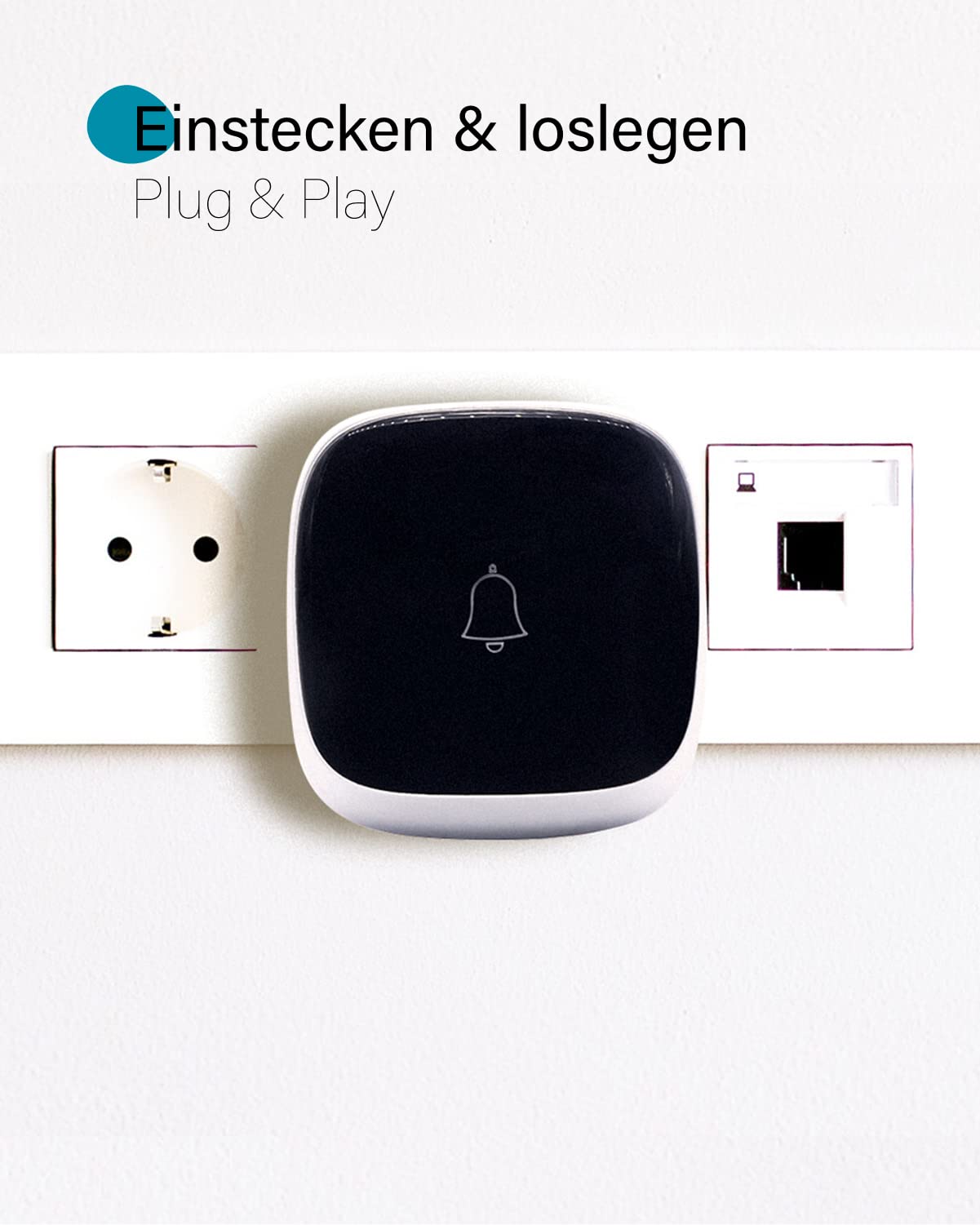 Funkklingel. Kabellos, keine Batterien notwendig, bereits gekoppelt und sofort einsetzbar. Bis zu 150 Meter Reichweite.
