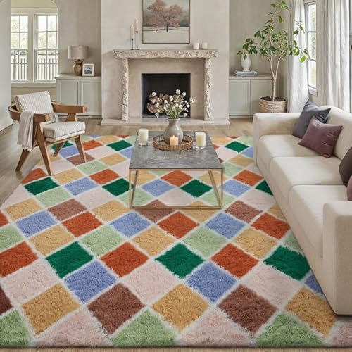 PureCozy 6x9 Checkered Rug for Living Room Colorful Modern Soft Area Rug Fluffy Non-Slip Carpet for Bedroom Playroom Home Aesthetic Decor 6' x 9' (Rectangular) Checkered Colorful