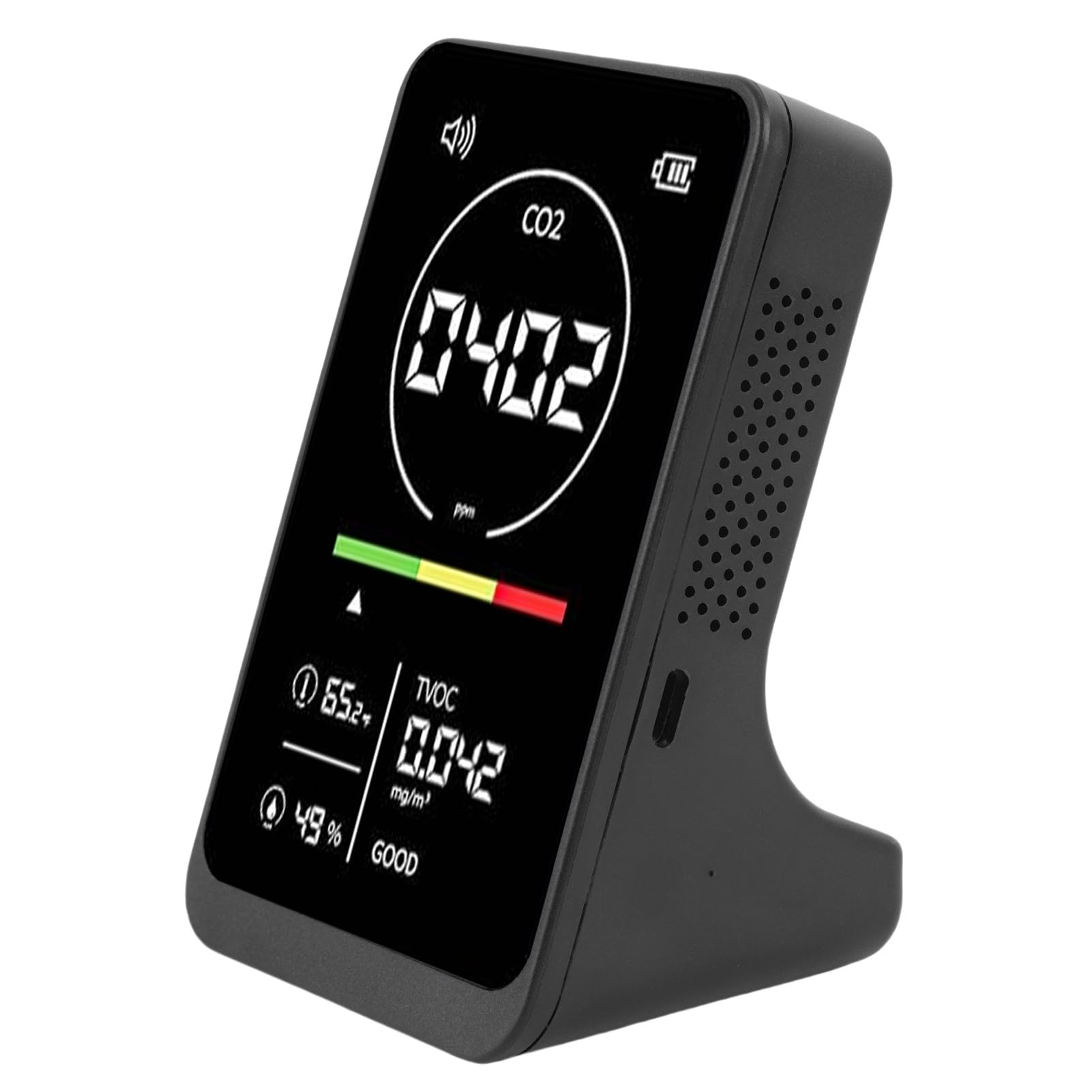Detector de Calidad del Aire CO2 TVOC con Sensor NDIR y | Mide 400-5000PPM CO2, 0.000-5.000mg/m3 TVOC, 20-99%RH Humedad, 117x73x60mm, Batería de Litio Recargable 2500mAh, Carga Tipo