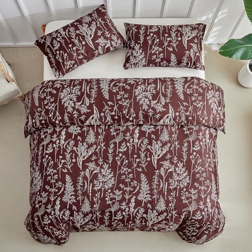 Image of Lekesky Floral Duvet Cover Queen Size, Burgundy Duvet Cover Queen Plant Flowers Pattern Bedding Set for All Season, Soft Breathable Comforter Cover with Zipper Closure & Corner Ties