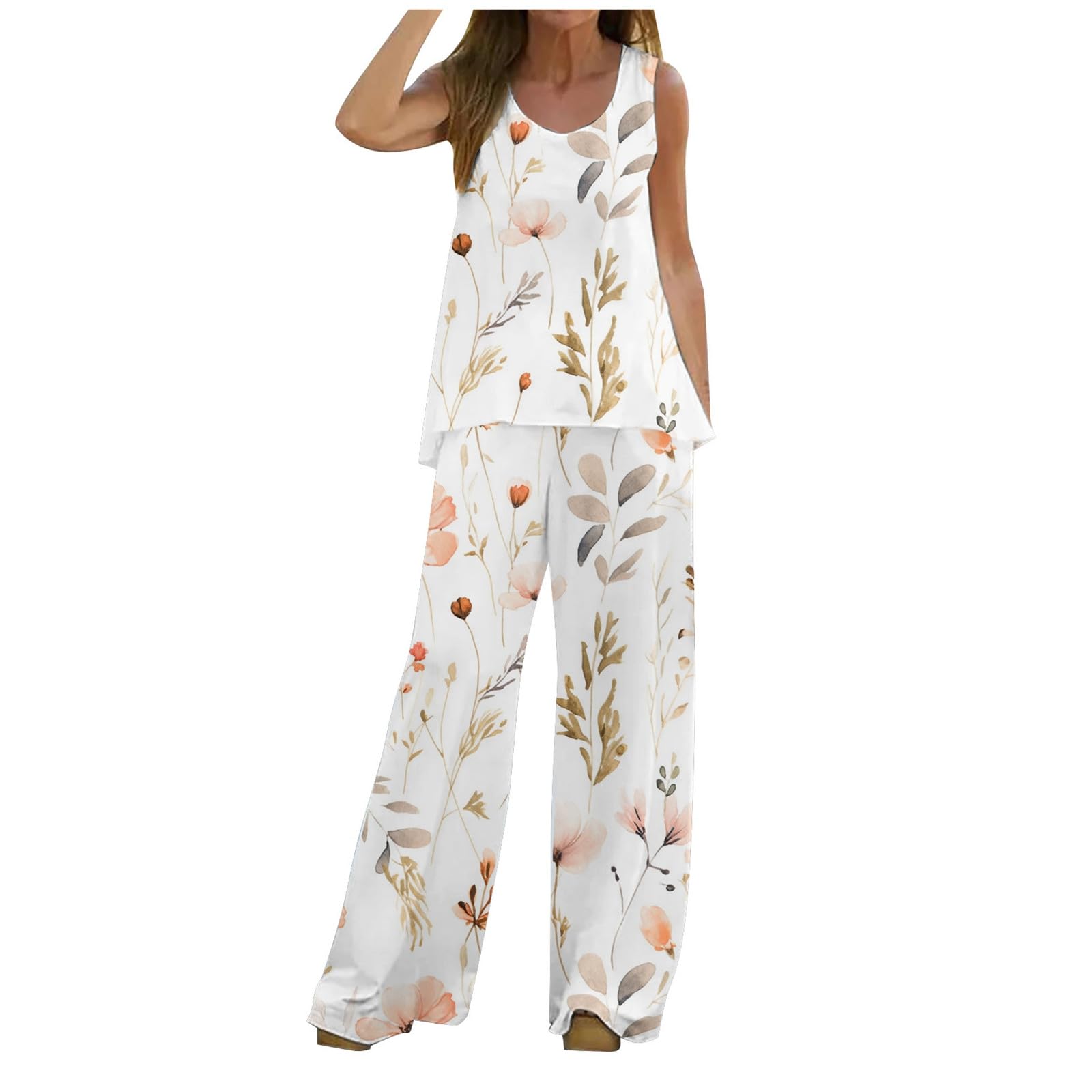 Gefomuofe Conjunto de dos piezas para mujer, camiseta y pantalones de verano, camiseta y pantalones largos, tallas grandes, traje de lino ligero y aireado, tallas grandes, conjunto de lino para mujer