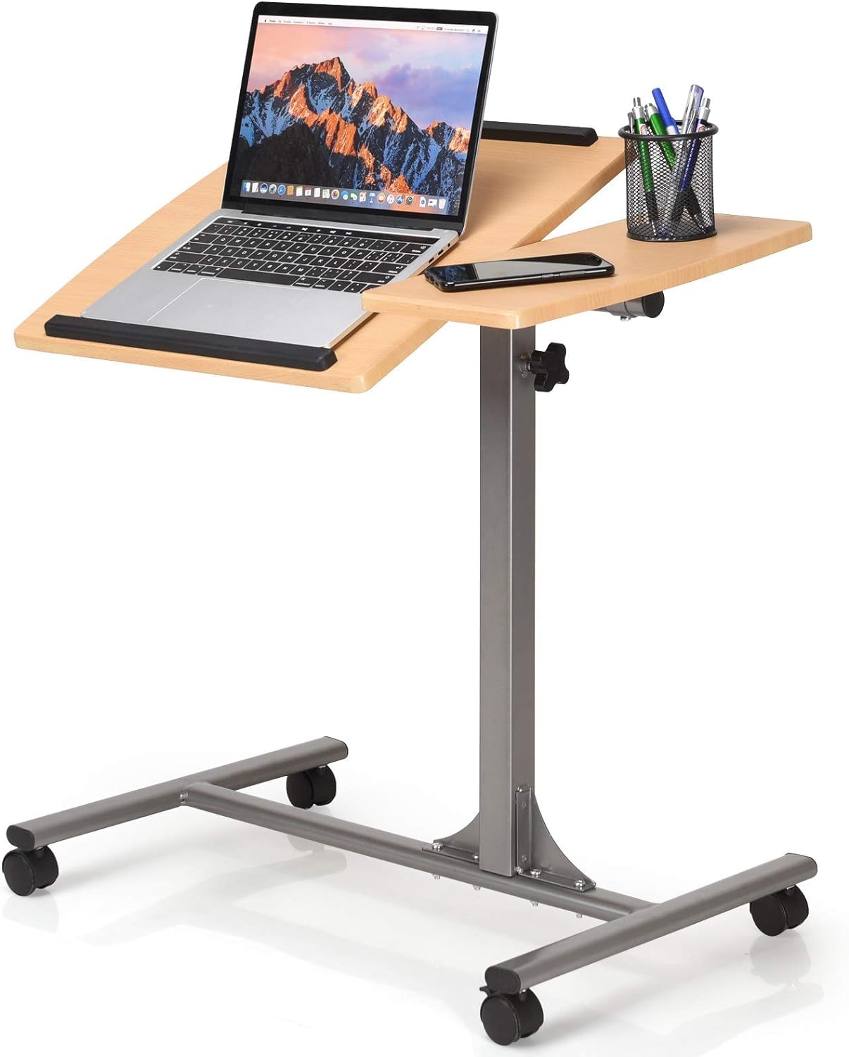 RELAX4LIFE Table de Lit pour Ordinateur Hauteur Réglable 64x45x64-95CM avec 4 roulettes Tablette Inclinable (Naturel)