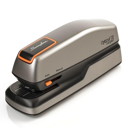 Swingline Electric Stapler, 20 Sheet Capacity, Optima Grip, Jam Free, Compact, Auto or Manual, Plug In or Battery, Orange and Gray (48207)