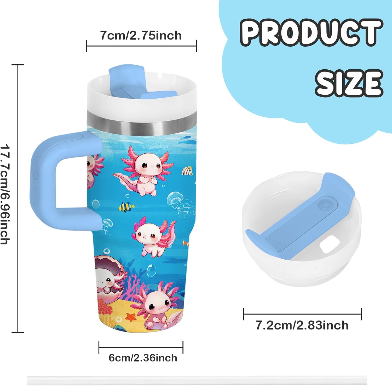 Axolotl Gifts for Girls - 14oz Blue Kids Axolotl Tumbler with Handle and Straw, Stainless Steel Insulated Water Cup, for Sport, School, Travel - Axolotl Lovers Gift for Children Birthday Gift Cup(1pc) - Image 3