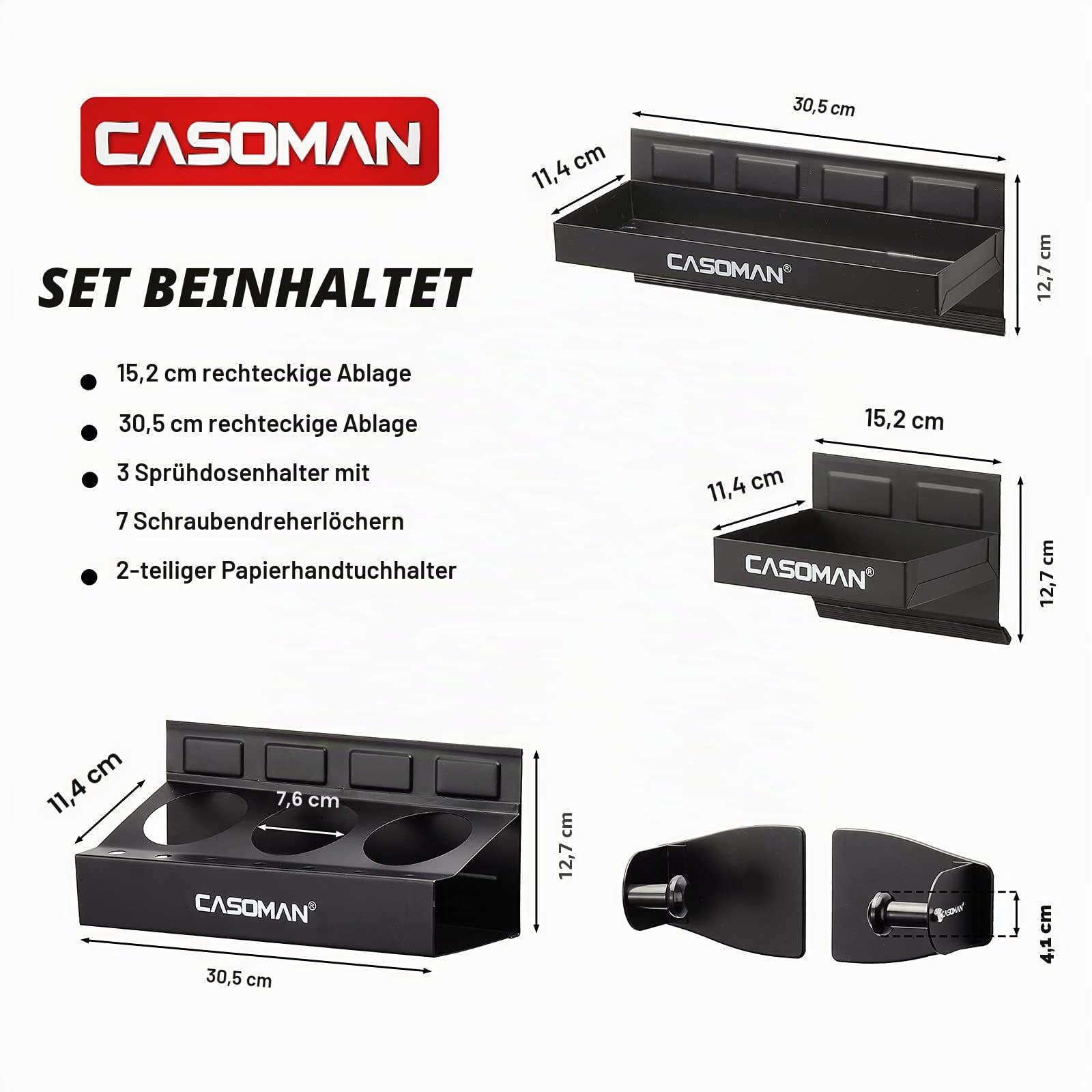 CASOMAN Magnetischer Werkzeugkasten Ablage Ablage Papierhandtuchhalter 4-teiliges Set schwarz vielseitig einsetzbar langlebig Magnete Jede Metalloberfläche