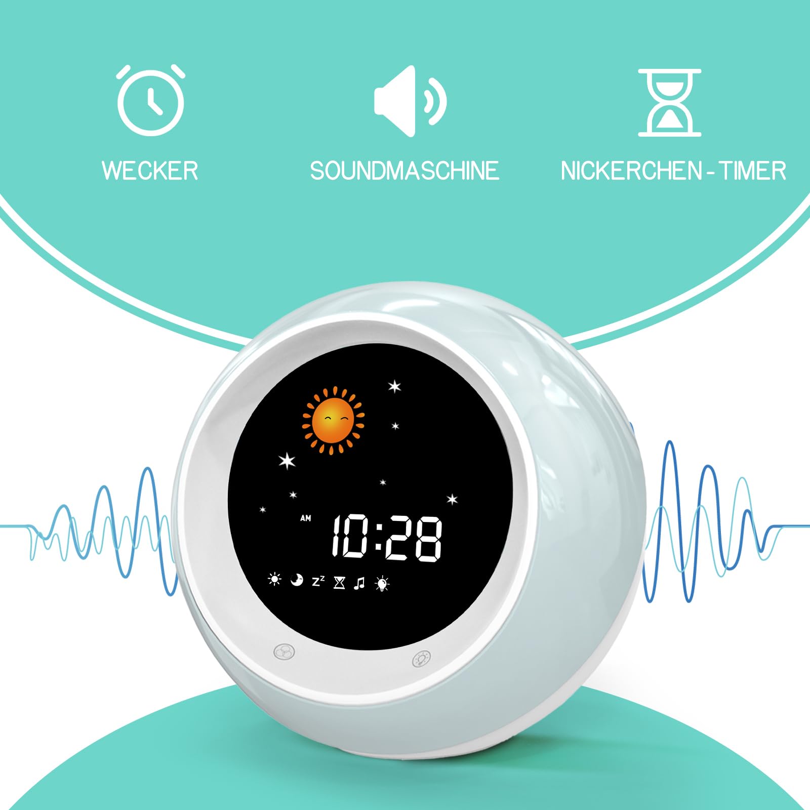 Kinderwecker, Schlaftrainer Kinder mit 9 Nachtlichtern, Soundmaschine, Snooze und Timer, Digitaler Wecker Kinder für Jungen und Mädchen