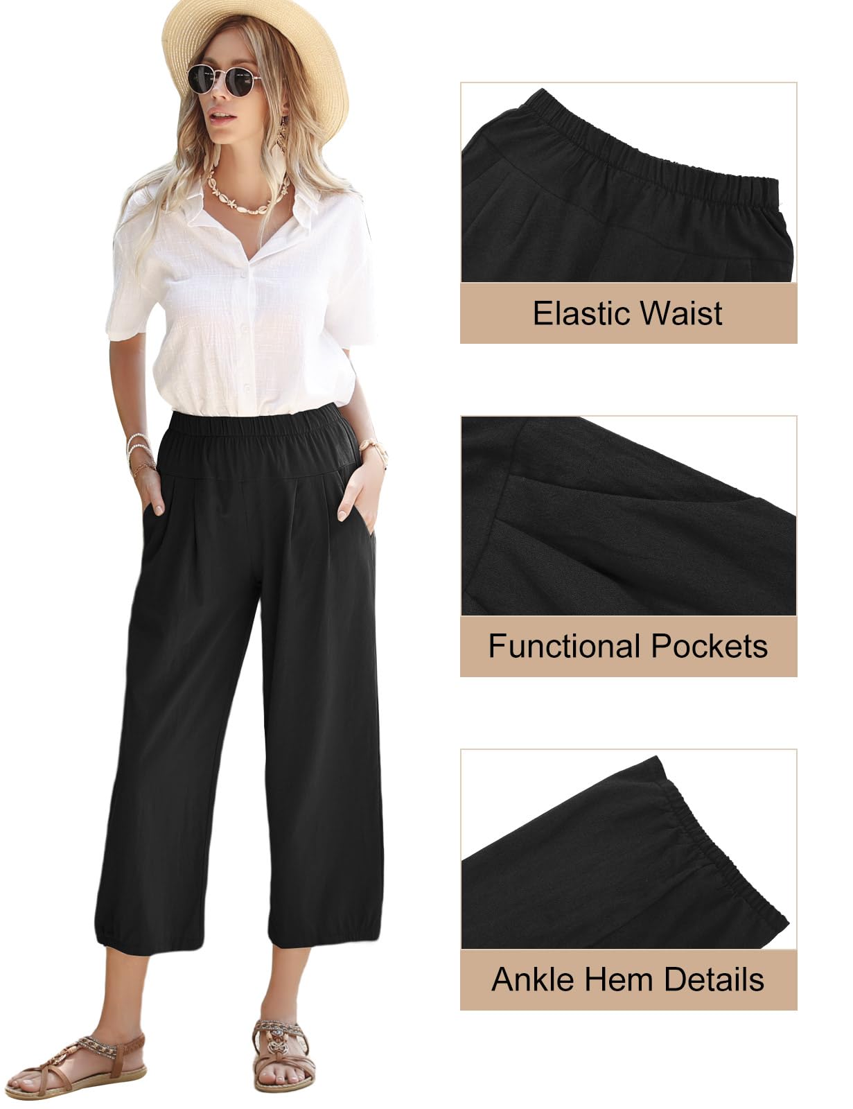 TOMMEEK Pantalones Capri de Lino Anchos 3/4 con Bolsillos, Cintura Alta Elásticos