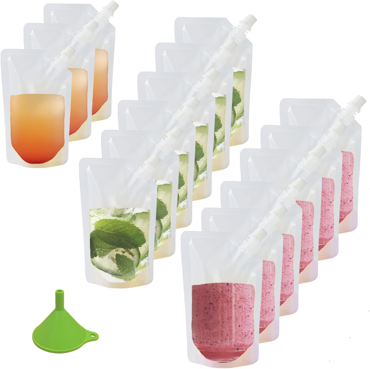 15pcs Clear Drink Pouches for Festivals with Funnel and Stickers, Leak