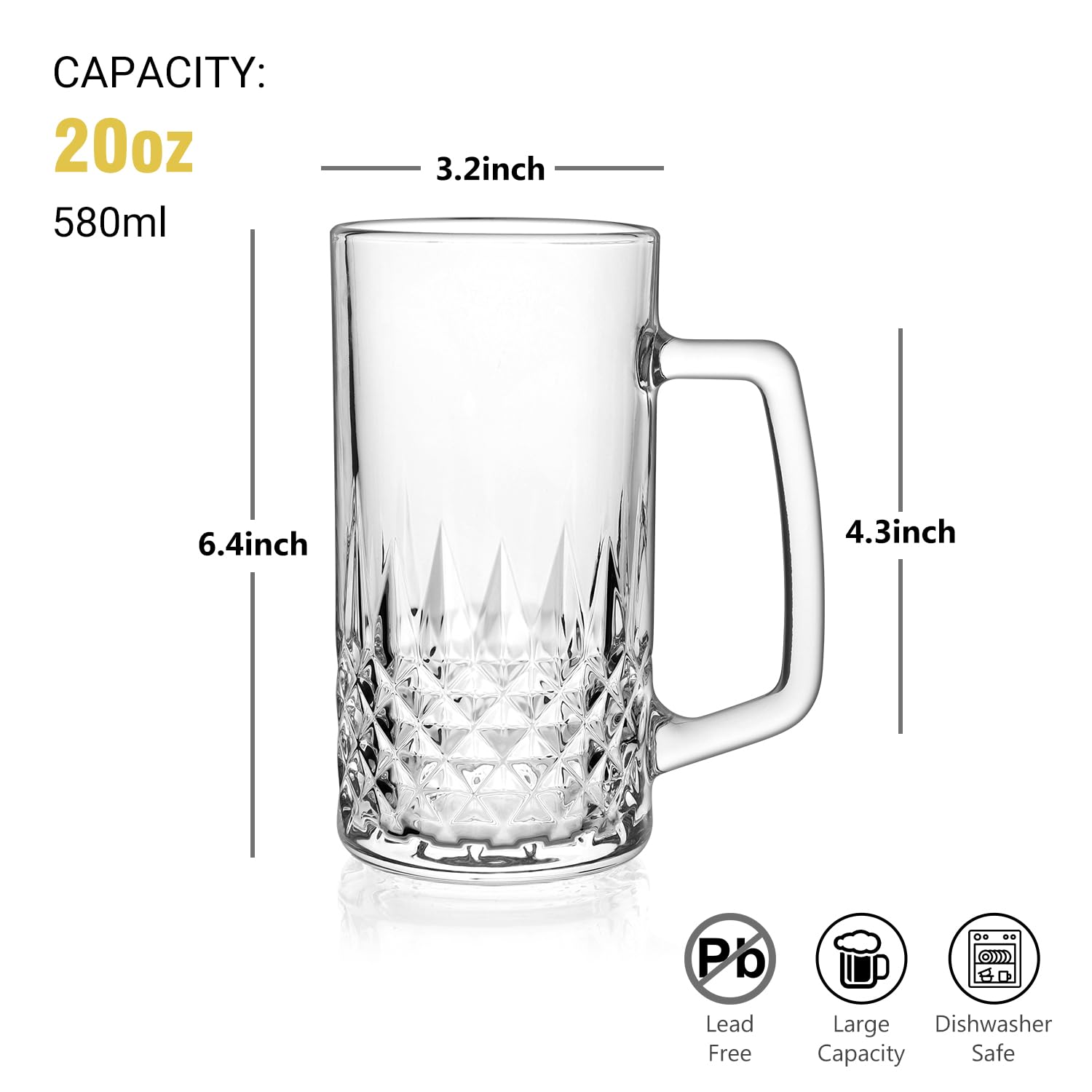 Lot de 2 tasses à bière en cristal de 591 ml avec poignée, tasses à bière en verre pour congélateur, cadeaux pour homme