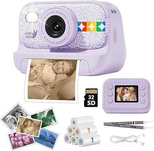 Miniatura 8 de Cámara de impresión instantánea para niños con papel de impresión de 5 colores, foto de 48MP, video 1080P, 21 marcos divertidos, tarjeta de 32GB,