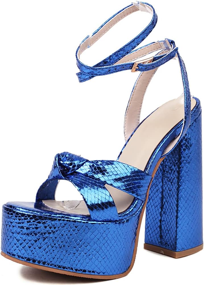 YIYA Women's Metallic Platform Chunky Heeled Sandals Open Round Toe Strappy Heels Ankle Strap Wedding Party Dress Shoes