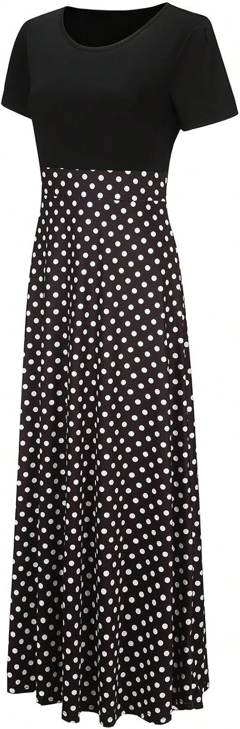 Milumia Women's Short Sleeve Polka Dots Maxi Dress Round Neck A line Long Dresses - Image 3