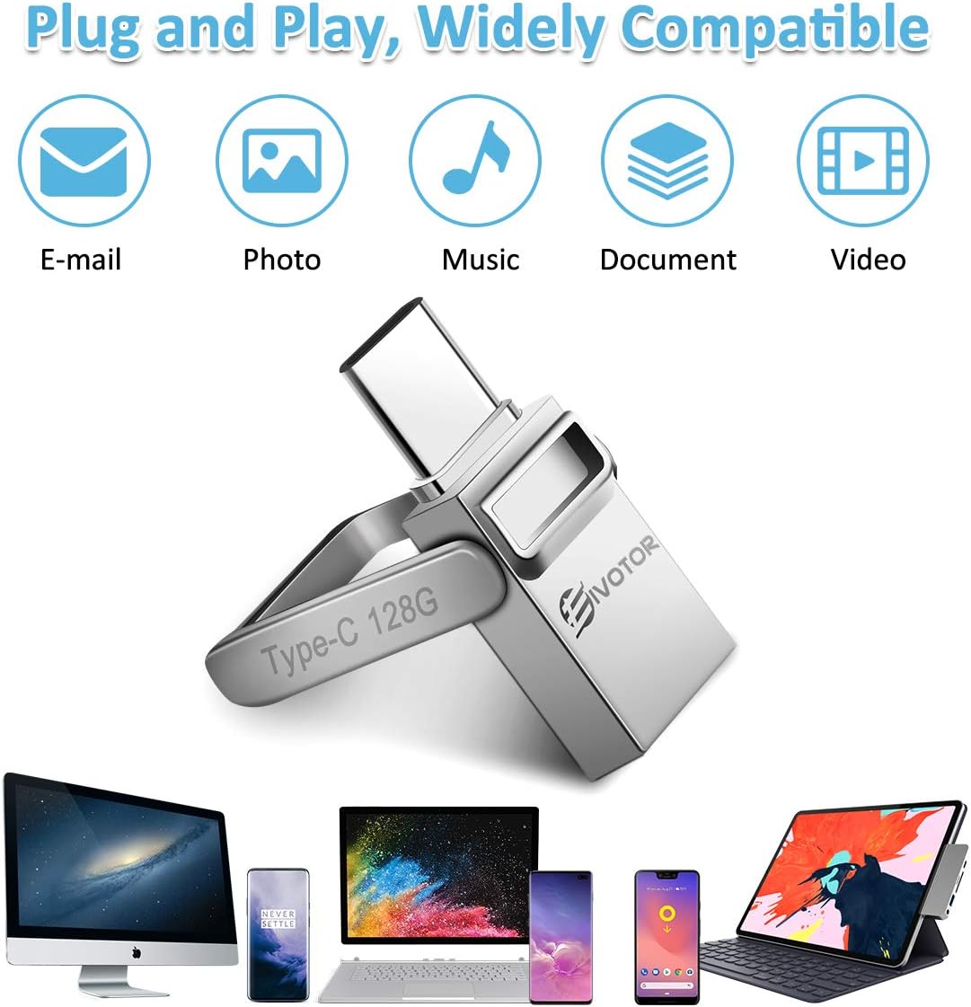 USB C Flash Drive, EIVOTOR Memory Stick 128GB OTG USB 3.0+Type C Waterproof Thumb Drive, Dual Drive USB Stick with Keychain Metal for Android Smartphone/New MacBook/Google's Chromebook Pixel