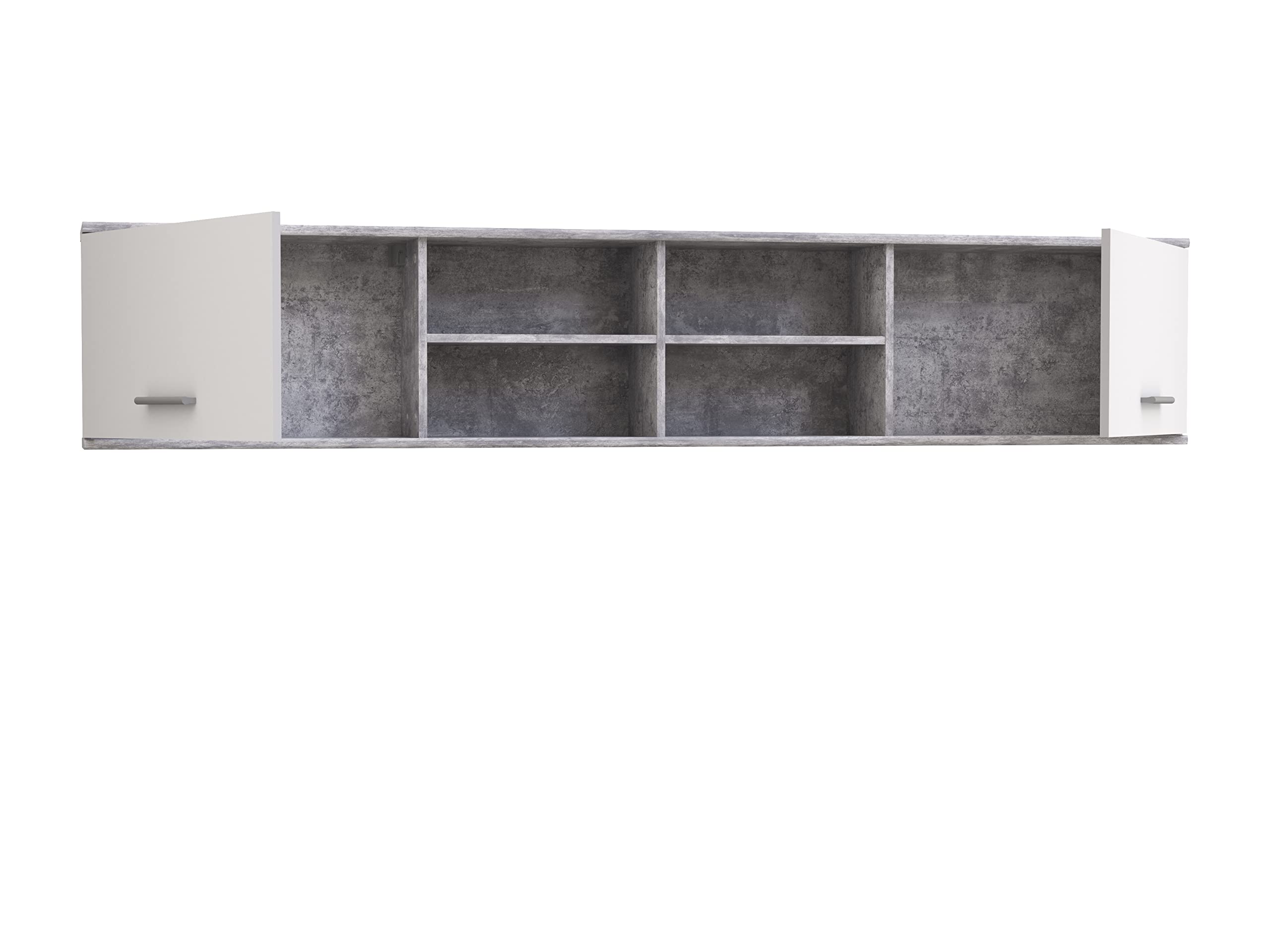 FORTE Lupo Wandregal mit 2 Türen, Holzwerkstoff, Betonoptik Grau mit Weiß , B x H x T: 206,4 x 39,3 x 25,1 cm