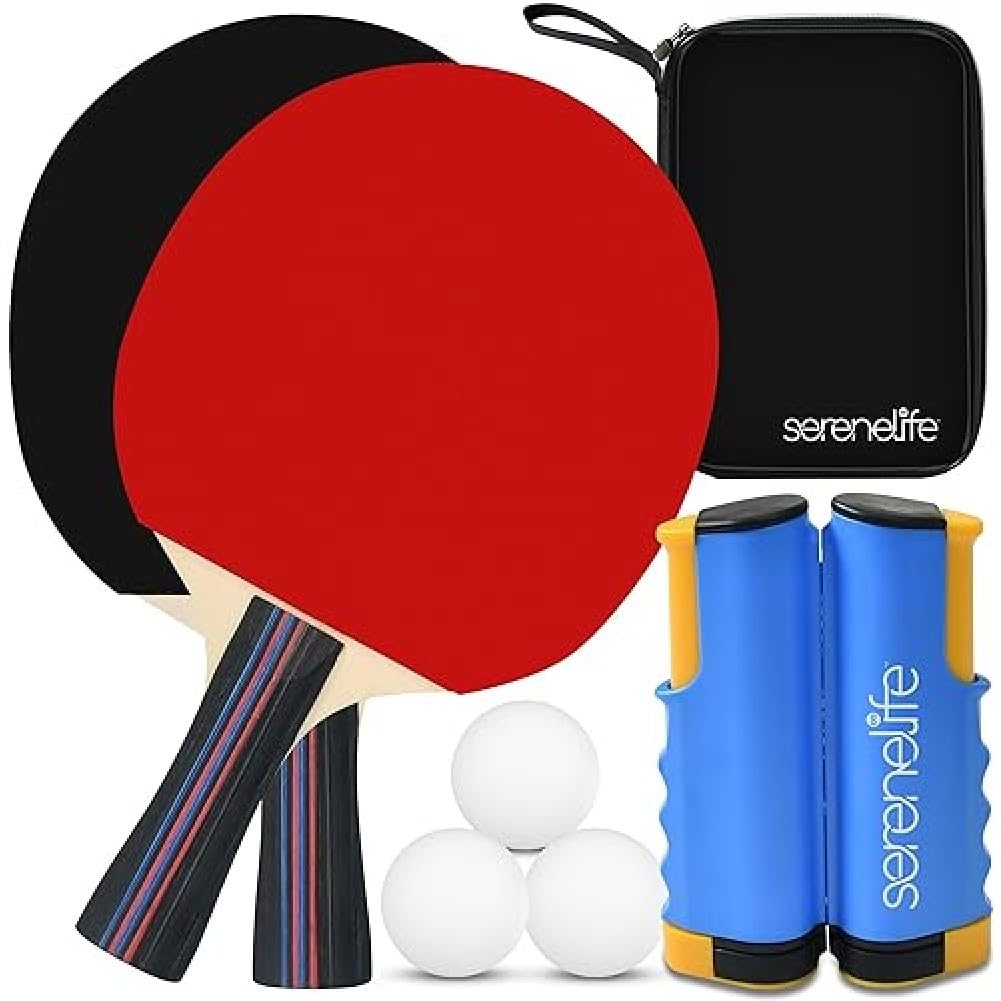 SereneLife Portable Table Tennis Set - Indoor, Outdoor and Tabletop Sports Game Accessories with Retractable Net with Adjustable Clamps, Paddles, Balls, and Carrying Bag, 2 Players