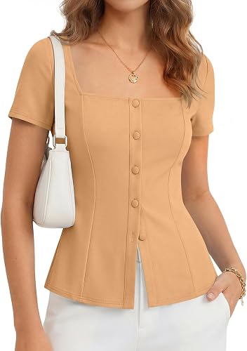 Rooscier Women's Short Sleeve Button Down Blouse Dark Khaki 