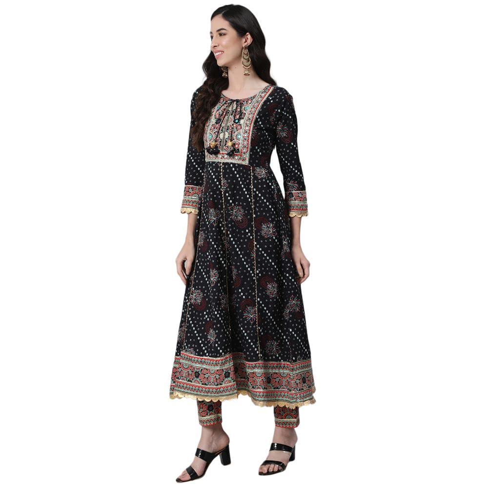 Anubhutee Women's Cotton Black Gota Patti Ethnic Motifs Printed Anarkali Kurta Suit Set With Palazzo And Dupatta