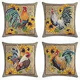 Faromily Rustic Rooster Sunflowers Throw Pillow Covers Vintage Plaids Farmhouse Cushion Covers Country Style Home Decor Cotton Linen Pillow Cases 18 x 18 inch Set of 4