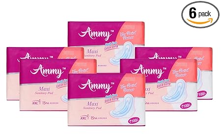 AMMY Advanced Dry Maxi All Night Cottony Soft Ultra Thin Womens/Girls Sanitary Pads with Wings (Napkins) - XXL Wings (90 Pieces)(Pack Of 6)