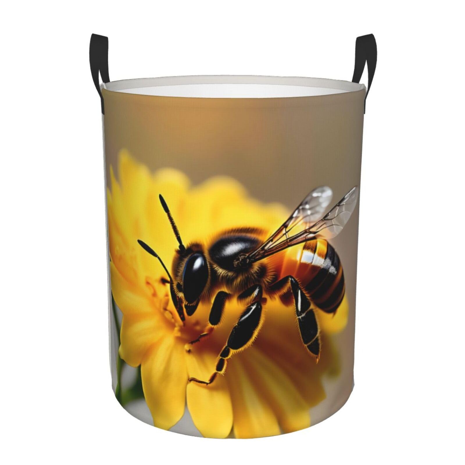 Panier à linge rond abeilles et fleurs avec poignées solides