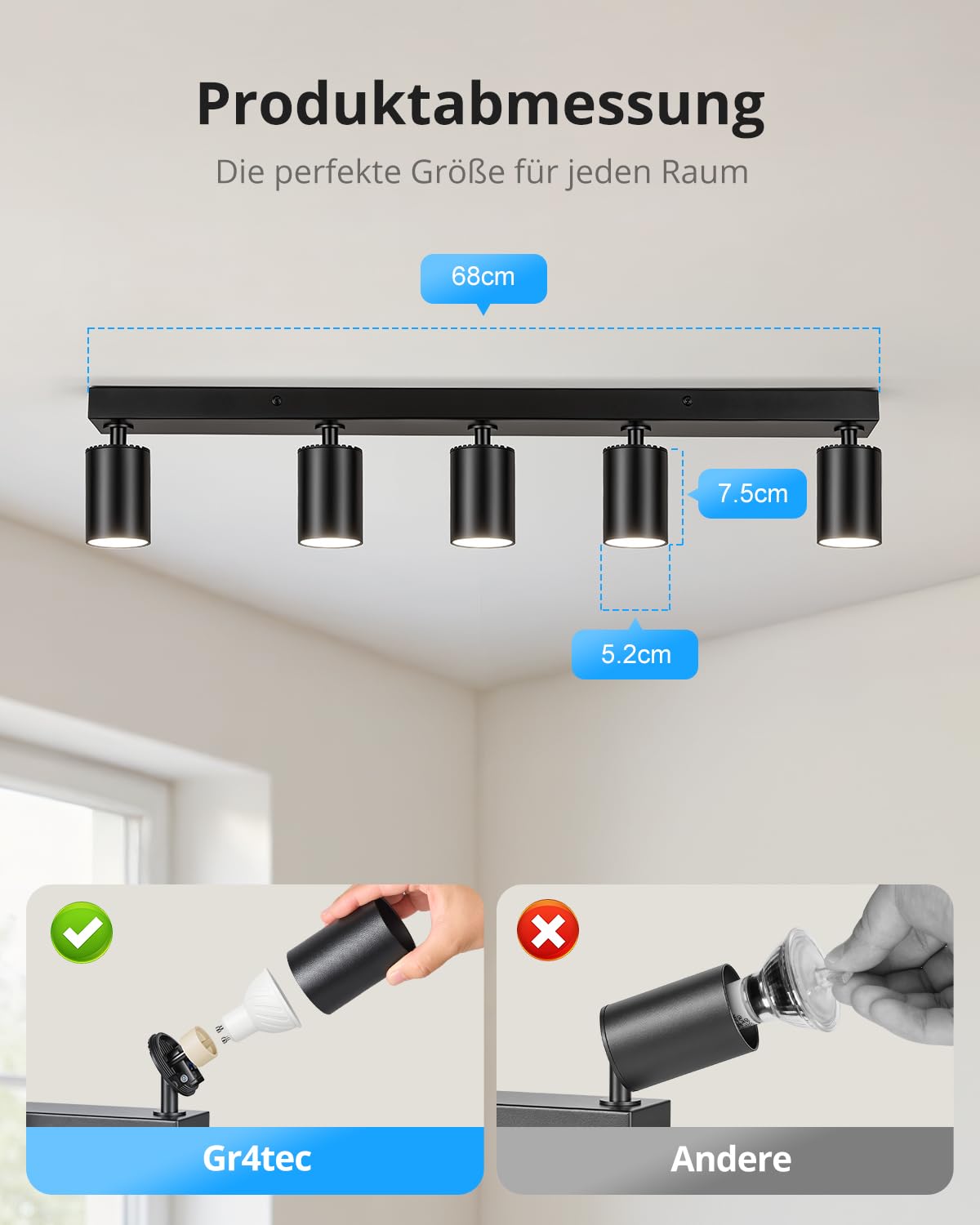 Gr4tec Deckenstrahler LED 5 Flammig, GU10 Spots Deckenleuchte Schwarz