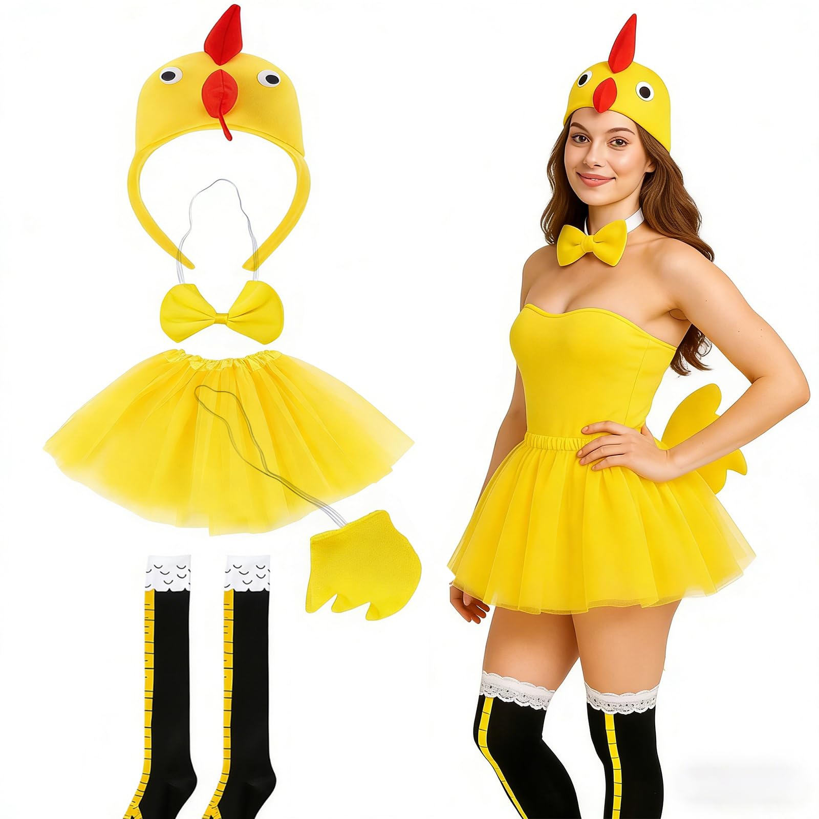 ToqoGeri 5 Pcs Chicken Fancy Dress Costume Set with Rooster Headband, Bow Tie, Tail, Tutu Skirt, Chicken Leg Socks for Adults Halloween, Easter, World Book Day, Animal Cosplay Outfit Kit