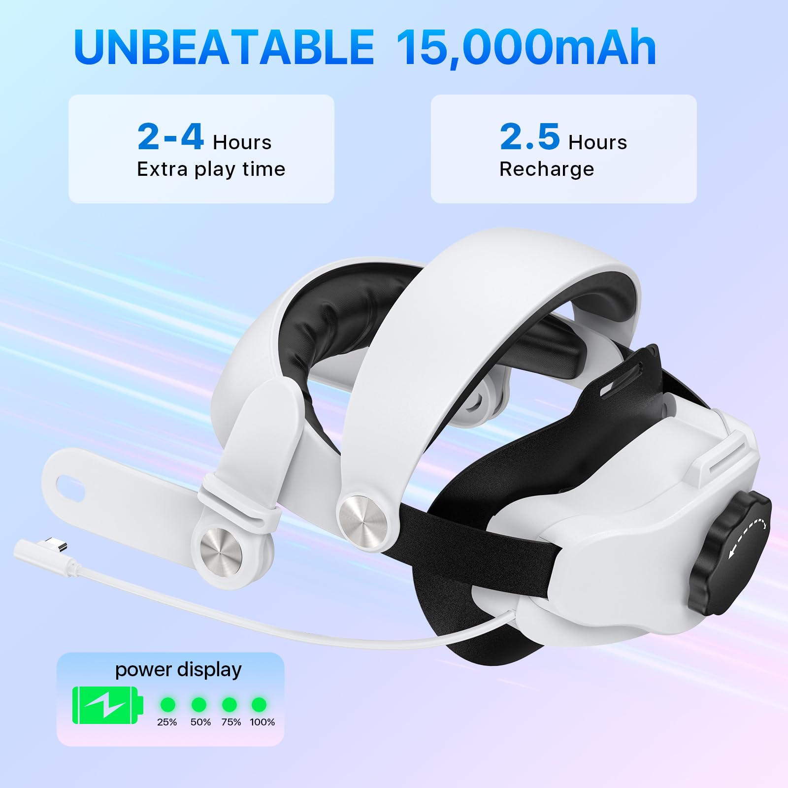 Adicop Hoofdband compatibel met Quest 3S/Quest 3, ingebouwde 8000 mAh batterij voor een langere speeltijd van 3-5 uur, verstelbare hoofdband met snel opladen, verbeterde ondersteuning en balans in VR