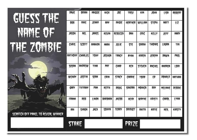 A3 Guess The Name of the Zombie Halloween Fundraising Scratchcard Match and Win card