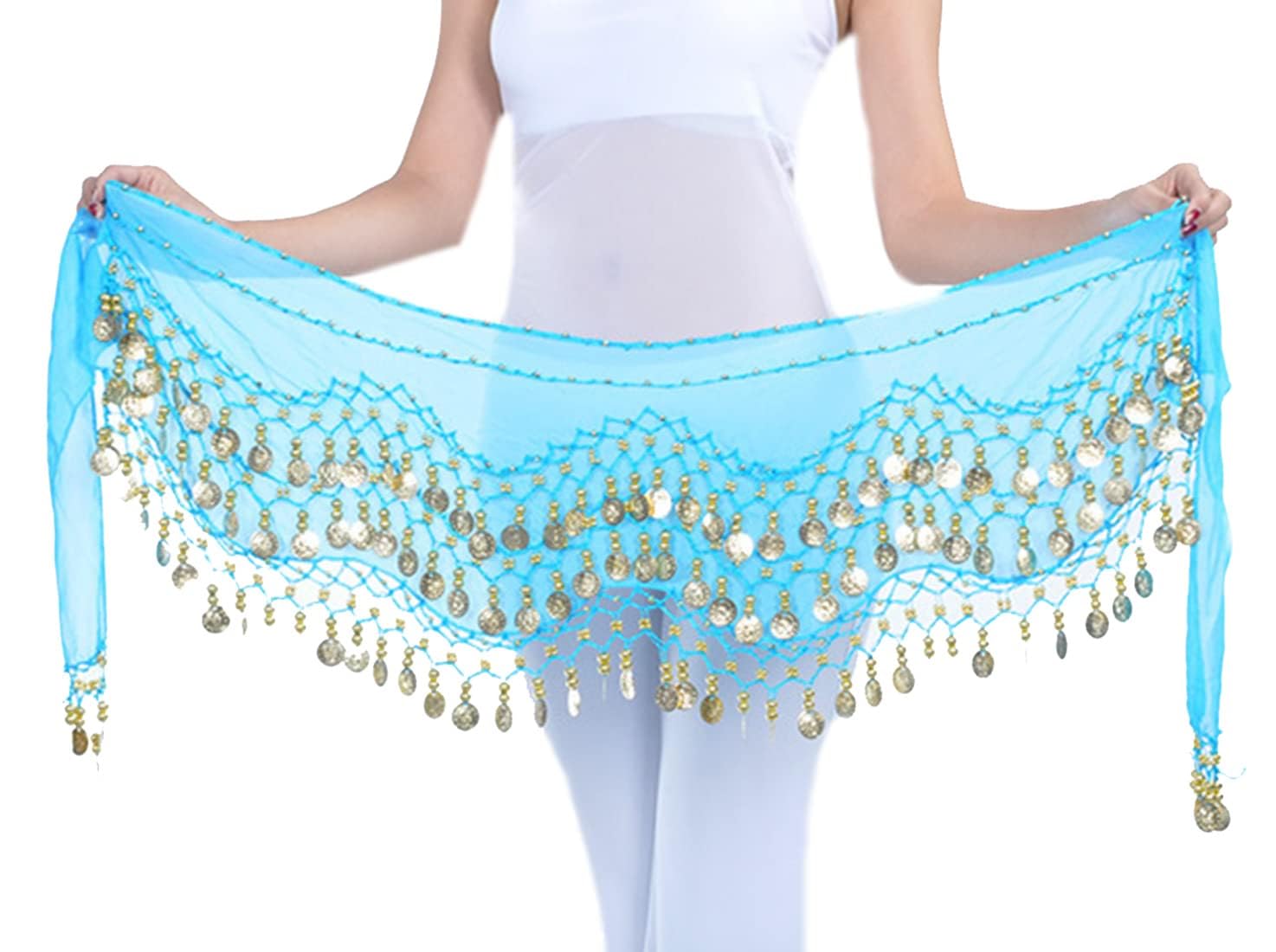 Belly Dance Hip Scarf Tribal Belt Halloween Genie Costume Accessory Hip Scarf Wrap Belt Wave Dangling Skirts Wrap with Gold Coins Chiffon Dangling Belly Dance Waist-picture-14