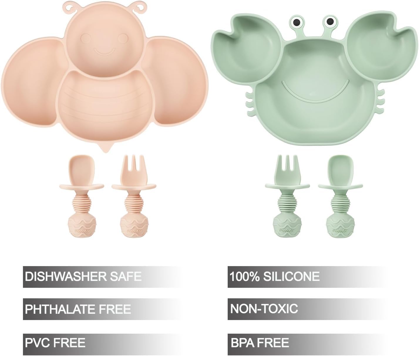 PandaEar Piatto di aspirazione in silicone per bambini bambini con 4 cucchiai auto-alimentazione