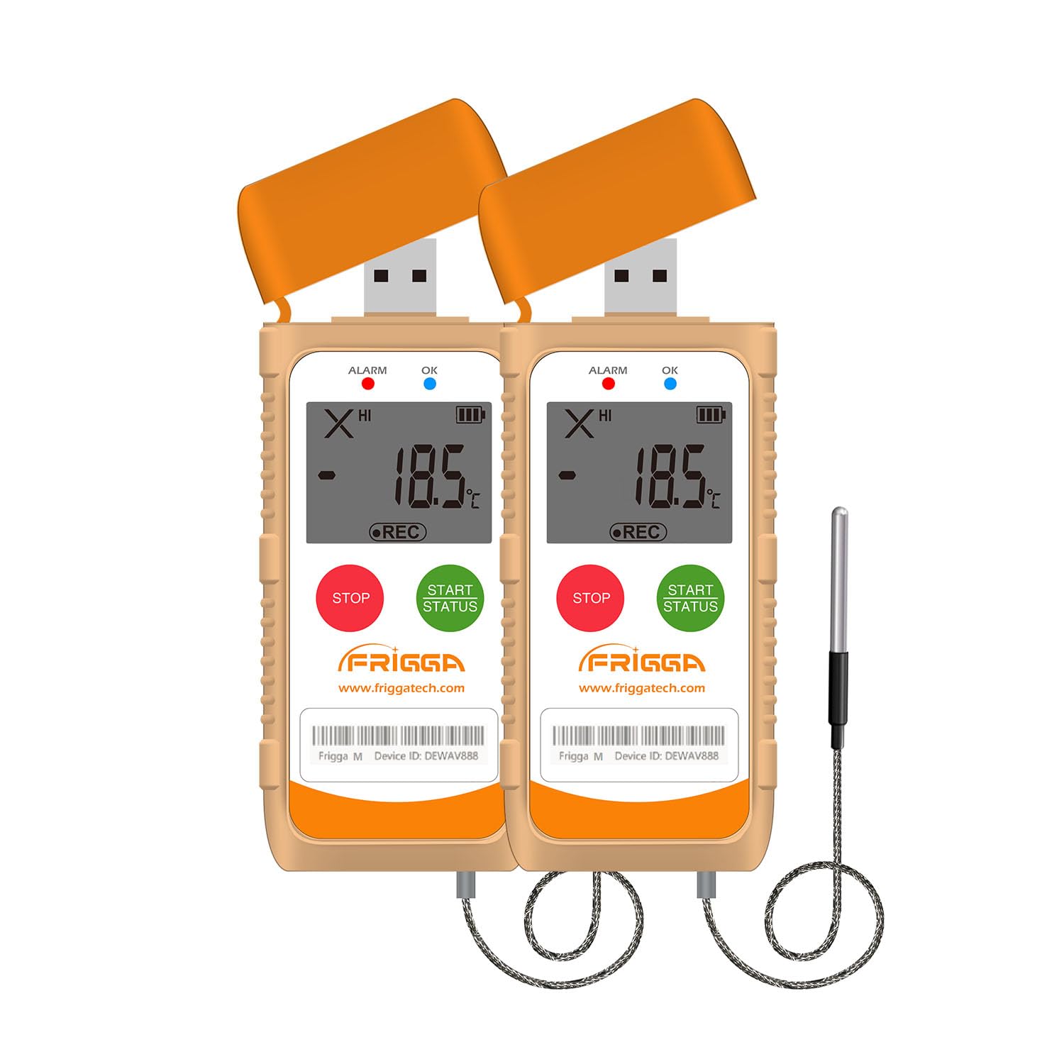 Frigga M1E 2 Pack Single Use Temperature Data Logger USB with External Probe LCD Digital Temperature Recorder 100 Day High Accuracy 14400 Points PDF CSV Report