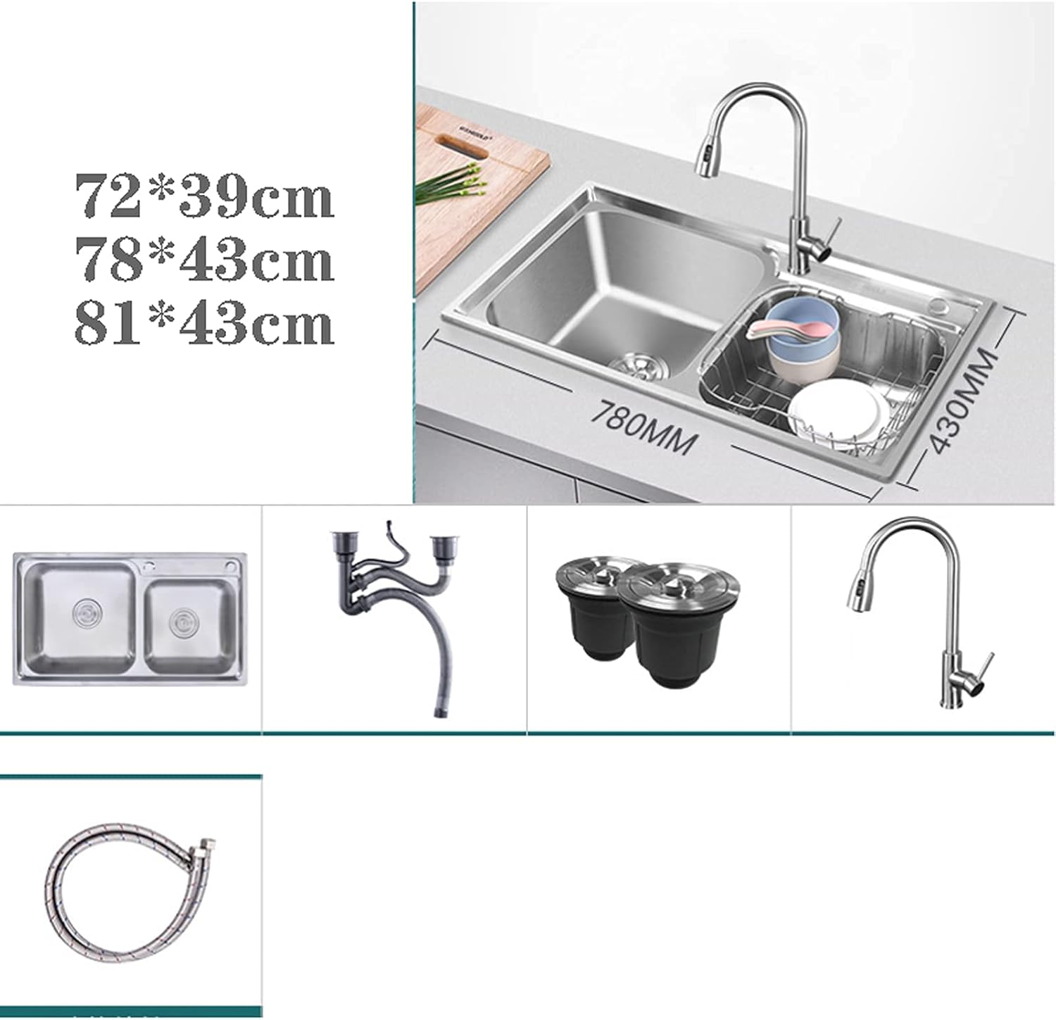 Kitchen Sink,Double Bowl Sink,Stainless Steel Sink for Top Mount and Flush Mount,Including Drainage Fittings(Size:7843,Color:Black)