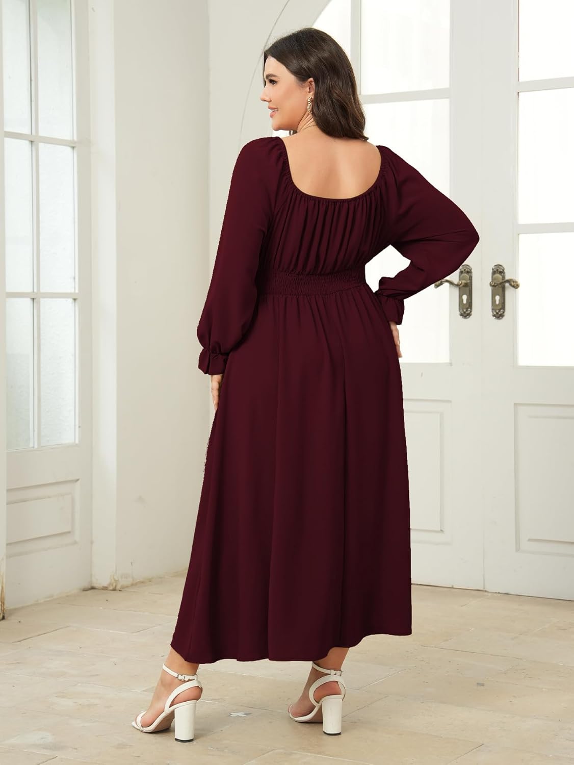 Women's Plus Size Dress Long Sleeve Smocked Dress Square Neck Tie Front Split A-Line Maxi Long Dresses - Image 5